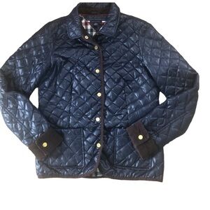 Tommy Hilfiger Navy Diamond Quilted Snap Up Jacket Sz M Corduroy Cuff Collar